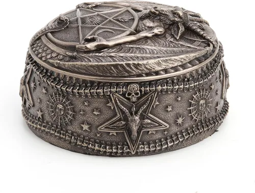 Vista 7 de Veronese Design Wiccan Pentagram Baphomet Oval en forma de caja de baratija Escultura de resina Acabado de bronce