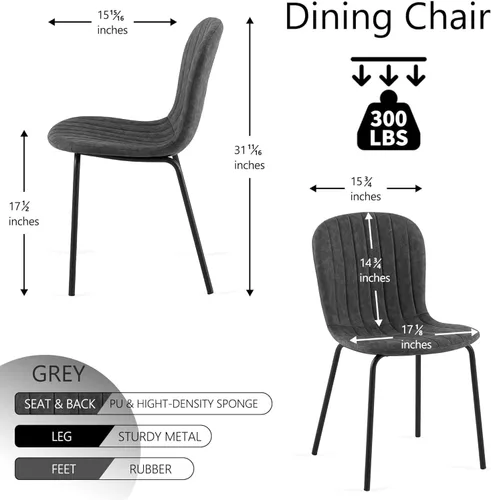 Vista 4 de Juego de 2 sillas modernas de mediados de siglo con patas de metal y cojín de piel sintética para comedor, sala de estar, gris Marrón