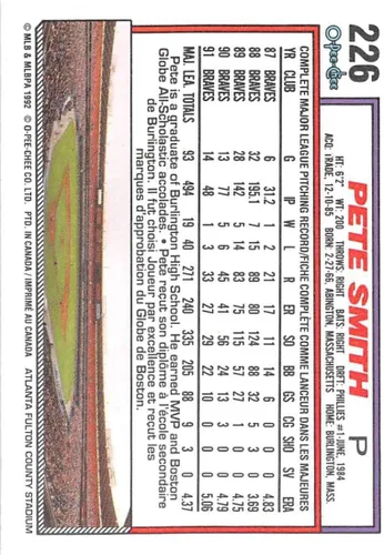 Vista 2 de 1992 O-Pee-Chee Baseball #226 Pete Smith Atlanta Braves Official Bilingual MLB Trading Card That Parallels the 1992 Topps Set