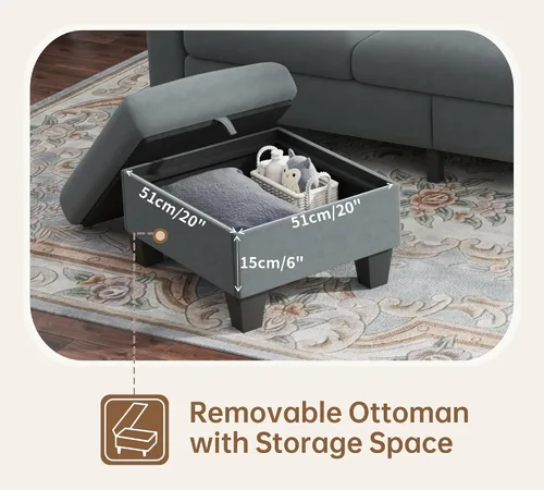 Vista 3 de Sofás modernos de 3 asientos para sala de estar con otomana de almacenamiento Sofá de terciopelo gris