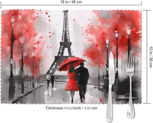 Vista 3 de Juego de 6 manteles individuales románticos de la Torre Eiffel para el día de San Valentín, lavables, para cocina, comedor, decoración del hogar, 12