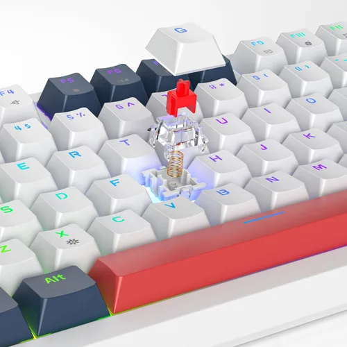 Vista 5 de Owpkeenthy Teclado mecánico para juegos con cable al 75 %, junta de 82 teclas con perilla de volumen, interruptor rojo lineal intercambiable