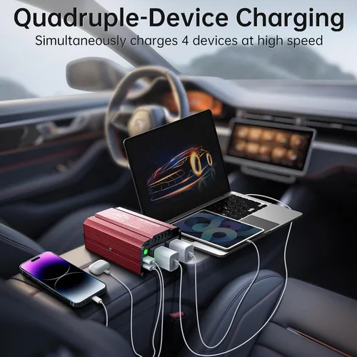 Vista 2 de Inversor de corriente de 300W para vehículos DC 12V a 110V AC Adaptador de enchufe de coche Convertidor de salida con 4.8A Dual USB y USB-C
