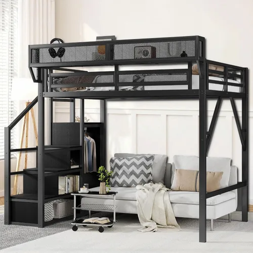 Vista 9 de Cama tipo loft de tamaño matrimonial con escaleras de almacenamiento integradas, armario, marco de cama alta de metal con barandilla lateral
