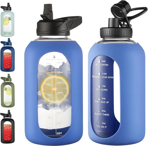 Vista 21 de EALGRO Botella de agua de vidrio de 32 onzas con popote y asa, frasco de agua motivacional deportivo con funda de silicona, taza grande a prueba