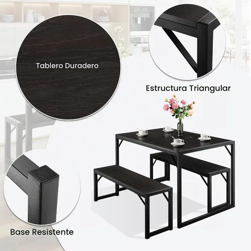 Vista 5 de SHA CERLIN Juego de mesa de comedor de cocina para 4 personas con bancos, comedor rústico pequeño que ahorra espacio, marco de metal resistente