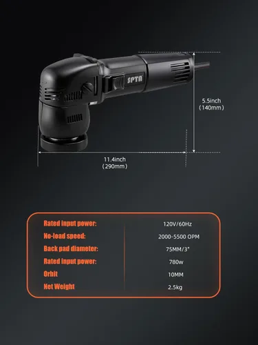 Vista 12 de SPTA Mini pulidor orbital - 3 pulgadas 10 mm/780W de velocidad variable de doble acción con almohadillas de pulido, discos de lijado, cepillo