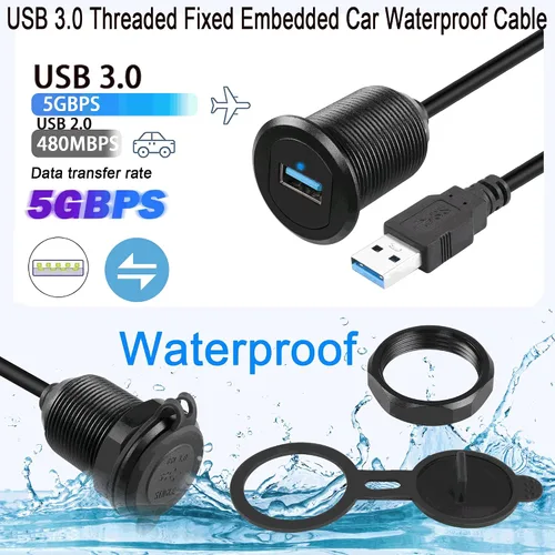 Vista 4 de QIANRENON Cable USB 3.0 de 5 Gbps a prueba de agua para automóvil, cable USB 3.0 hembra a macho para montaje en panel con luz LED, carcasa