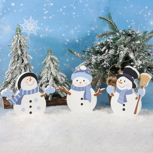 Vista 3 de Decoración de Navidad de muñeco de nieve COCHIE para interiores, lindo juego de decoración de bandeja escalonada de invierno de 3 piezas, bloques