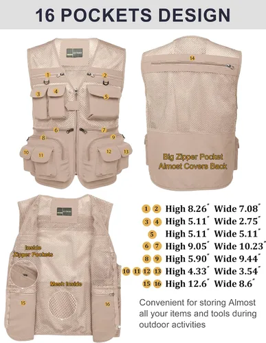 Vista 2 de Chaleco Flygo para hombre, para pesca, trabajo, safari, viaje de reportajes o para actividades al aire libre en verano, con bolsillos
