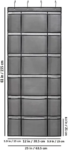 Vista 7 de Organizador de zapatos para colgar sobre la puerta con 6 bolsillos de tela extra grandes y 12 grandes para almacenamiento en el hogar (gris)