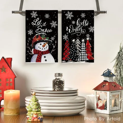 Vista 2 de Artoid Mode Toallas de cocina de nieve negra Deja que nieve Árboles de Navidad ¡Hola invierno! Toallas de cocina, toallas de mano de decoración