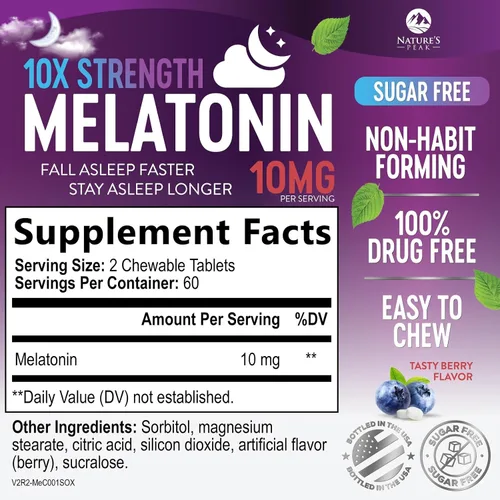 Vista 2 de Suplementos de apoyo para dormir de melatonina – Melatonina de disolución rápida de 10 mg por porción para adultos – Tabletas de melatonina