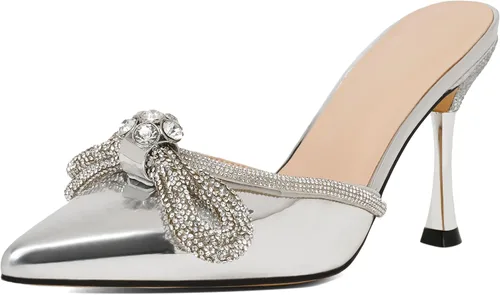 Vista 2 de Zamikoo Sandalias tipo mule para mujer, sandalias de tacón alto con lazo, tacones brillantes con diamantes de imitación para el verano, 3.5 pulgadas