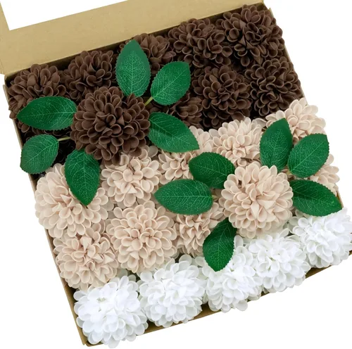 Vista 12 de Flores artificiales, 25 piezas, rosas artificiales realistas para ramos de novia, centros de mesa, arreglos, flores de Dalia negras con tallo