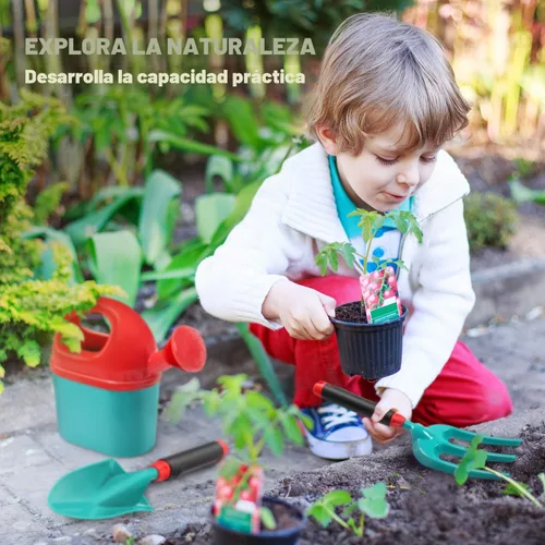 Vista 7 de CUTE STONE - Juego de herramientas de jardinería para niños, juguetes de jardín con carretilla, regadera, guantes de jardinería, rastrillo manual