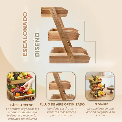 Vista 4 de Cesta de frutas de 3 niveles para cocina - Resistente, multifuncional, soporte de frutas y verduras de gran capacidad con organizador de refrigerios