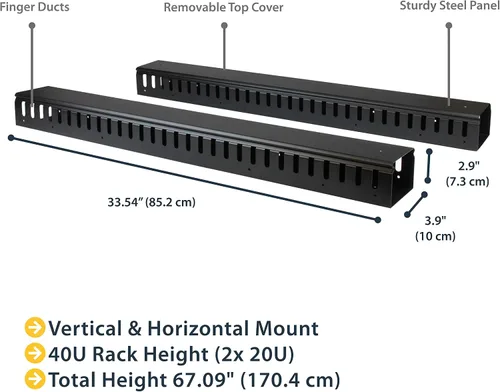 Vista 2 de StarTech - Paquete de 2 organizadores verticales de cables de 20U con conductos de dedo, panel vertical de gestión de cables, canaleta de cables