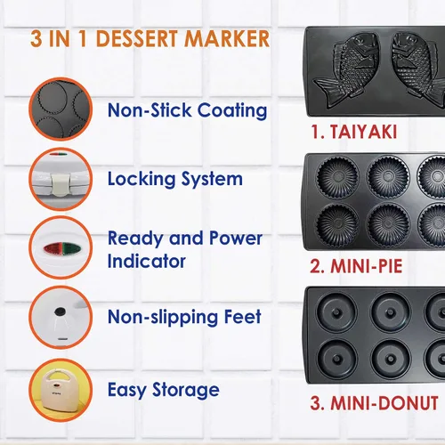 Vista 2 de Mini Preparador de Donas, Mini Preparador de Tartas y Quiches, Preparador de Taiyaki – NUEVO Preparador de Postres Desmontable de Tres Rebanadas 3