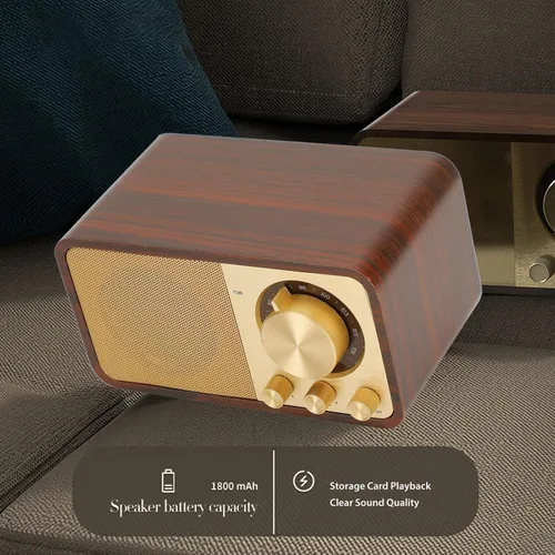 Vista 5 de Altavoz BT de madera retro vintage, radio AM FM portátil recargable con reproducción AUX/USB/TF, radio retro recargable para cafeterías