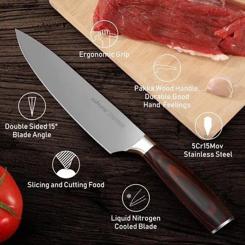 Vista 2 de Cuchillo de chef profesional de 8 pulgadas, cuchillo de cocina de acero de alto carbono, ultra afilado, con mango de madera sólida, caja de regalo