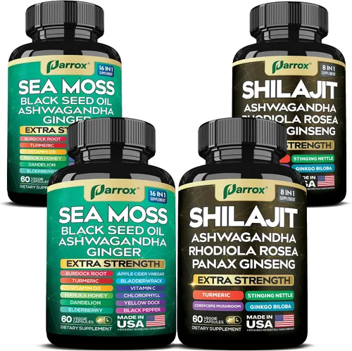 Vista 11 de Paquete de Shilajit y musgo marino, musgo marino 350 mg, aceite de semilla negra 200 mg, Ashwagandha 100 mg, cúrcuma, Shilajit 300 mg, Rhodiola