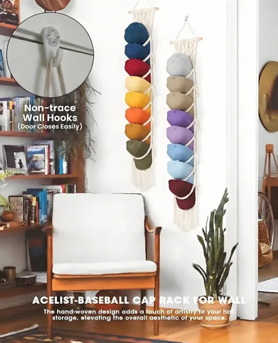 Vista 6 de AceList Paquete de 2 organizadores de sombreros para gorras de béisbol (hasta capacidad para 32) – Perchero bohemio para colgar en la pared