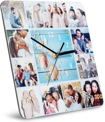 Vista 6 de Reloj personalizado con marcos familiares, decoración de pared, multifoto, grabado con nombre y fecha, relojes digitales inusuales de madera