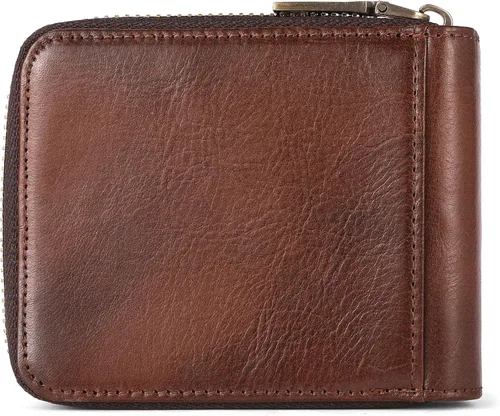 Vista 108 de LUKZIJAES Billetera de cuero genuino para hombre, con bloqueo RFID, delgada, plegable, bolsillo frontal, #3-Café, Vintage