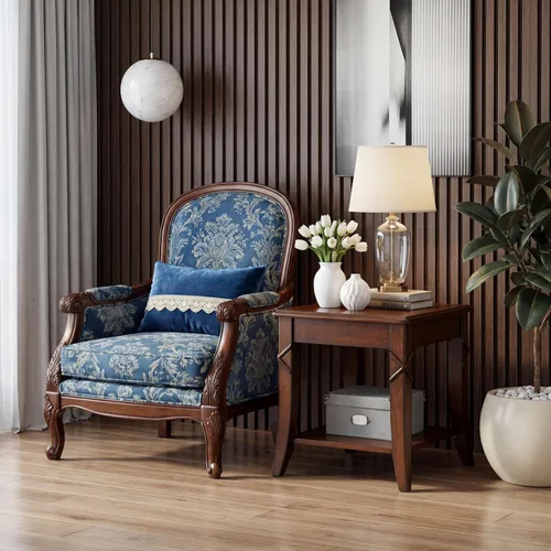 Vista 4 de Mesa auxiliar de madera maciza con estante de almacenamiento, mesa auxiliar rectangular vintage para sofá con mesa de empalme y patas talladas, mesa