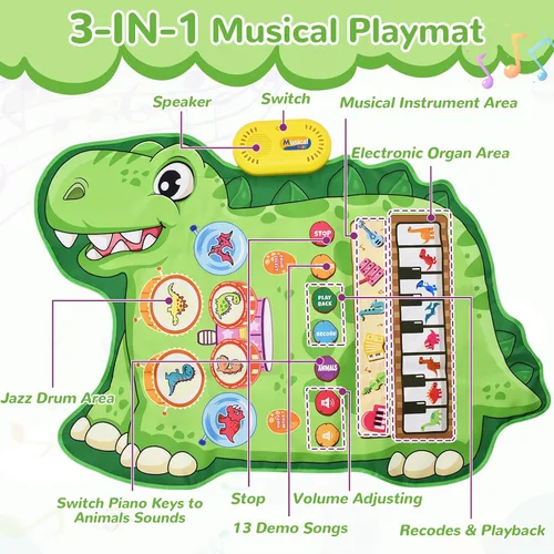 Vista 3 de Cyiecw Tapete musical de dinosaurio 3 en 1, tapete de piano para jugar, regalo para niñas de 1, 2 y 3 años, juguetes sensoriales de aprendizaje