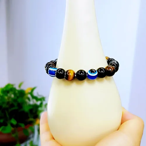 Vista 72 de Pulseras de triple protección con piedra de ojo de tigre de obsidiana negra con hematita para hombres y mujeres, pulsera de piedra curativa