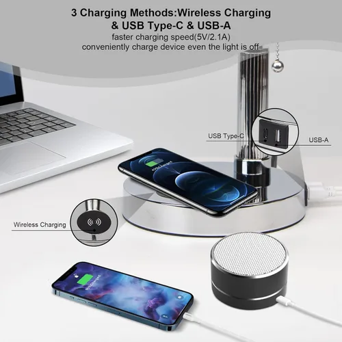 Vista 3 de FIRVRE Lámpara de Escritorio de Banquero, Lámpara de Mesa de Vidrio Blanco con Cargador Inalámbrico y Puerto de Carga 2USB, Lámpara con Interruptor