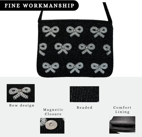 Vista 5 de Elegante bolso de hombro con cuentas negras con detalles de lazo, ocasiones formales e informales, ligero y duradero (elegancia de lazo)