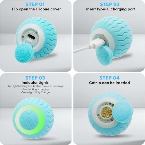 Vista 3 de Pakoo Pelota de juguete interactiva para gatos, bola eléctrica para gatos con luces LED, juguete rodante para gatos y bolas de juguete móviles