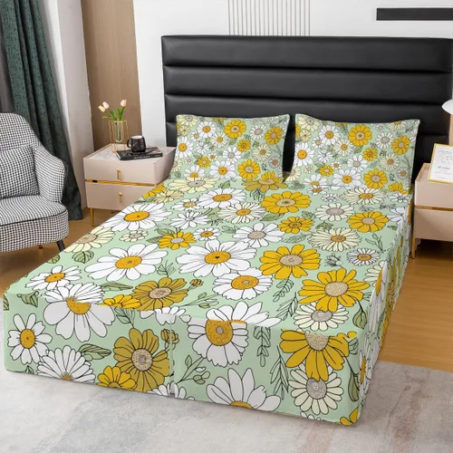 Vista 31 de Falda de cama individual de girasol, flores soleadas con esquinas divididas, faldas de cama bohemias florales amarillas, falda de cama para plantas