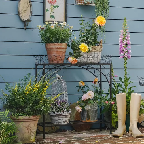 Vista 9 de Estante largo negro de doble capa, soporte de metal estilo patio francés para plantas altas en maceta, soporte resistente para macetas interiores