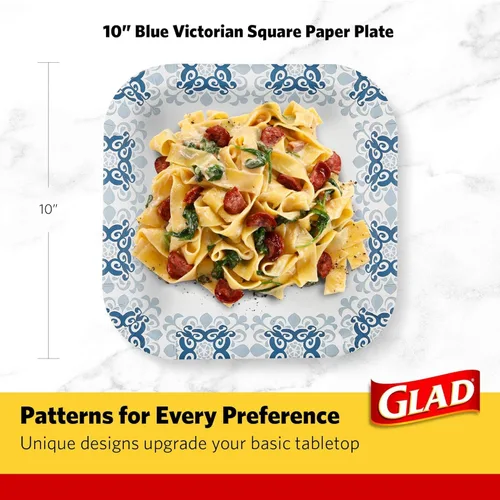 Vista 6 de Glad Platos cuadrados de papel resistentes, a prueba de remojo y resistentes a los cortes, patrón victoriano azul, vajilla desechable
