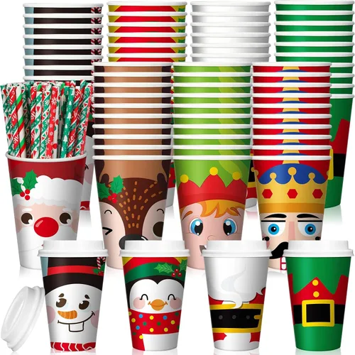 Vista 7 de Uiifan Paquete de 50 Tazas de Café Navideñas de 16 oz a Granel Negras Doradas con Copos de Nieve Tazas Desechables Tazas de Papel Feliz Navidad
