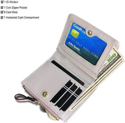 Vista 2 de AOXONEL Billetera pequeña y plegable para mujer, Rfid, compacta y bonita con cremallera, monedero para adolescentes y niñas (rosa)