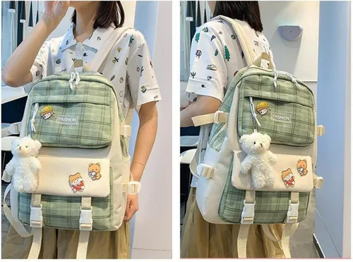 Vista 3 de Juego de 5 mochilas Kawaii de lona con bonitos alfileres colgantes de oso a cuadros, asa a cuadros, bolsa de hombro, Verde, Mediana