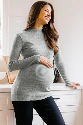 Vista 3 de Camiseta de maternidad de punto acanalado para mujer con cuello alto falso de manga larga
