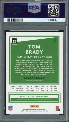 Vista 2 de Tarjeta de fútbol Tom Brady 2020 Panini Donruss Optic #92 Calificada PSA 10