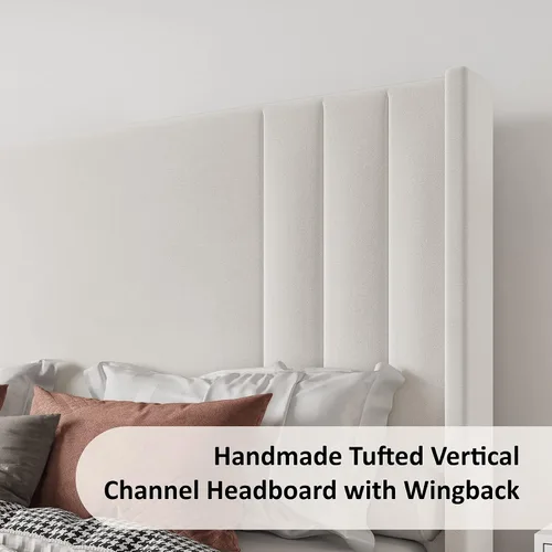 Vista 4 de Albott Base de cama de plataforma tamaño King, cama tapizada con cabecera y pie de cama con respaldo alado capitoné de canales verticales, Crema