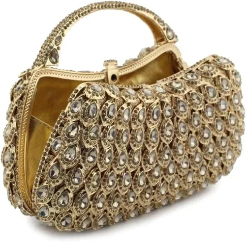 Vista 4 de Bolsa de mano con diamantes de imitación de cristal brillante para fiesta formal, asa en caja, bolso de mano para vestido de noche, Oro