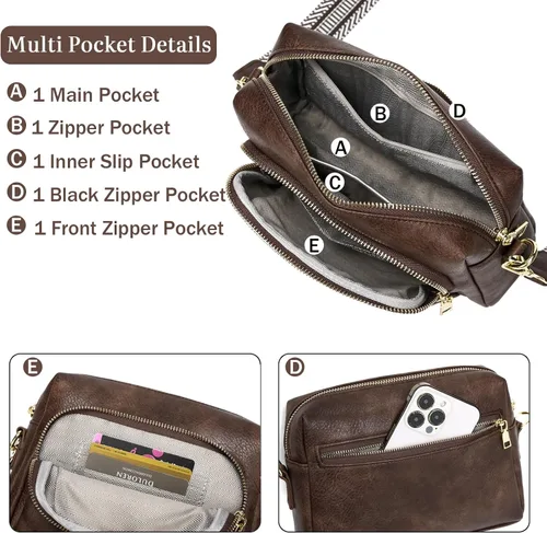 Vista 3 de Bolsos cruzados pequeños para mujer, bolsos cruzados de viaje de cuero vegano, bolsos de hombro con correa de guitarra y correa de cuero