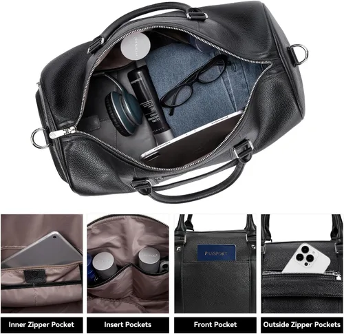Vista 2 de BOSTANTEN Bolsa de lona de viaje de cuero genuino para el fin de semana, bolsa de lona para gimnasio, deportes, equipaje de mano para hombres