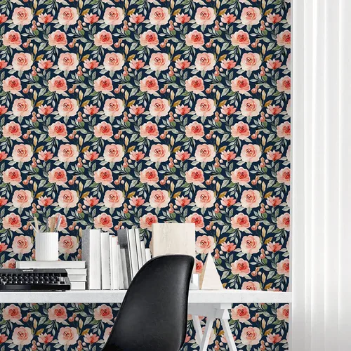 Vista 8 de Papel tapiz floral con fondo azul marino, autoadhesivo, extraíble, acuarela, flores, vinilo, papel de pared para estantería, encimera, decoración