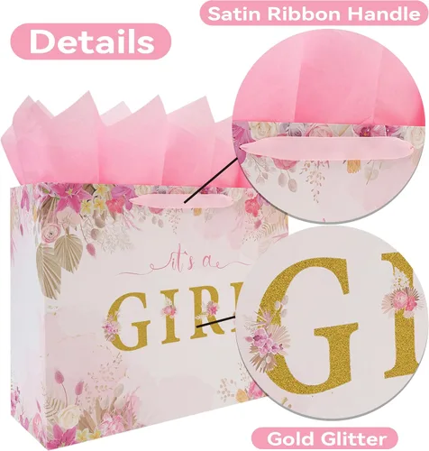 Vista 4 de Juego de bolsas de regalo extra grandes de 16.5 pulgadas con asas, tarjeta de felicitación, papel de seda rosa y calcomanías para niñas y niños