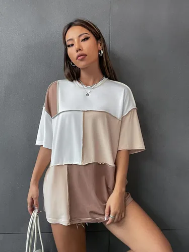Vista 6 de Floerns Camiseta holgada de manga corta con cuello redondo y costuras de bloque de color para mujer